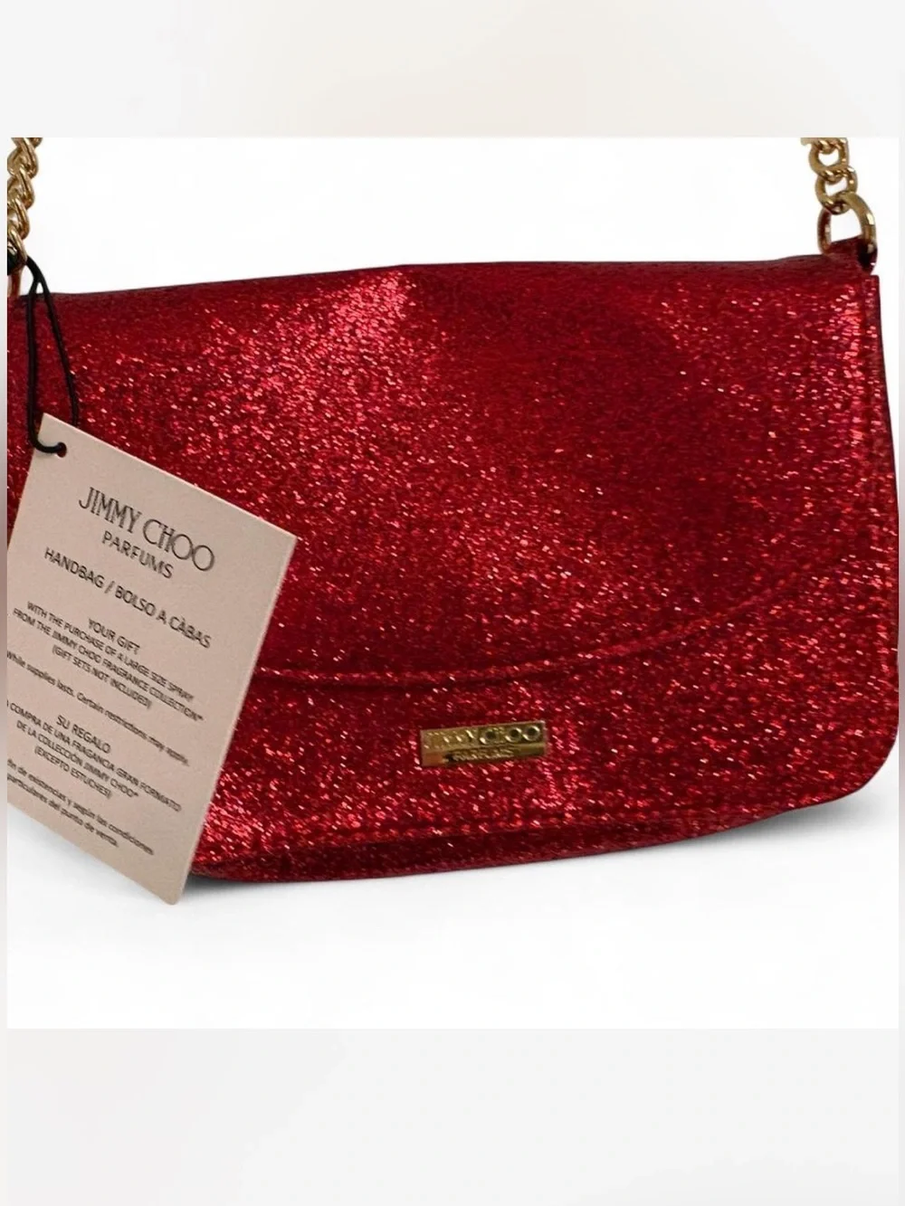 Jimmy Choo Red Glitter Crossbody with Gold Chain Strap